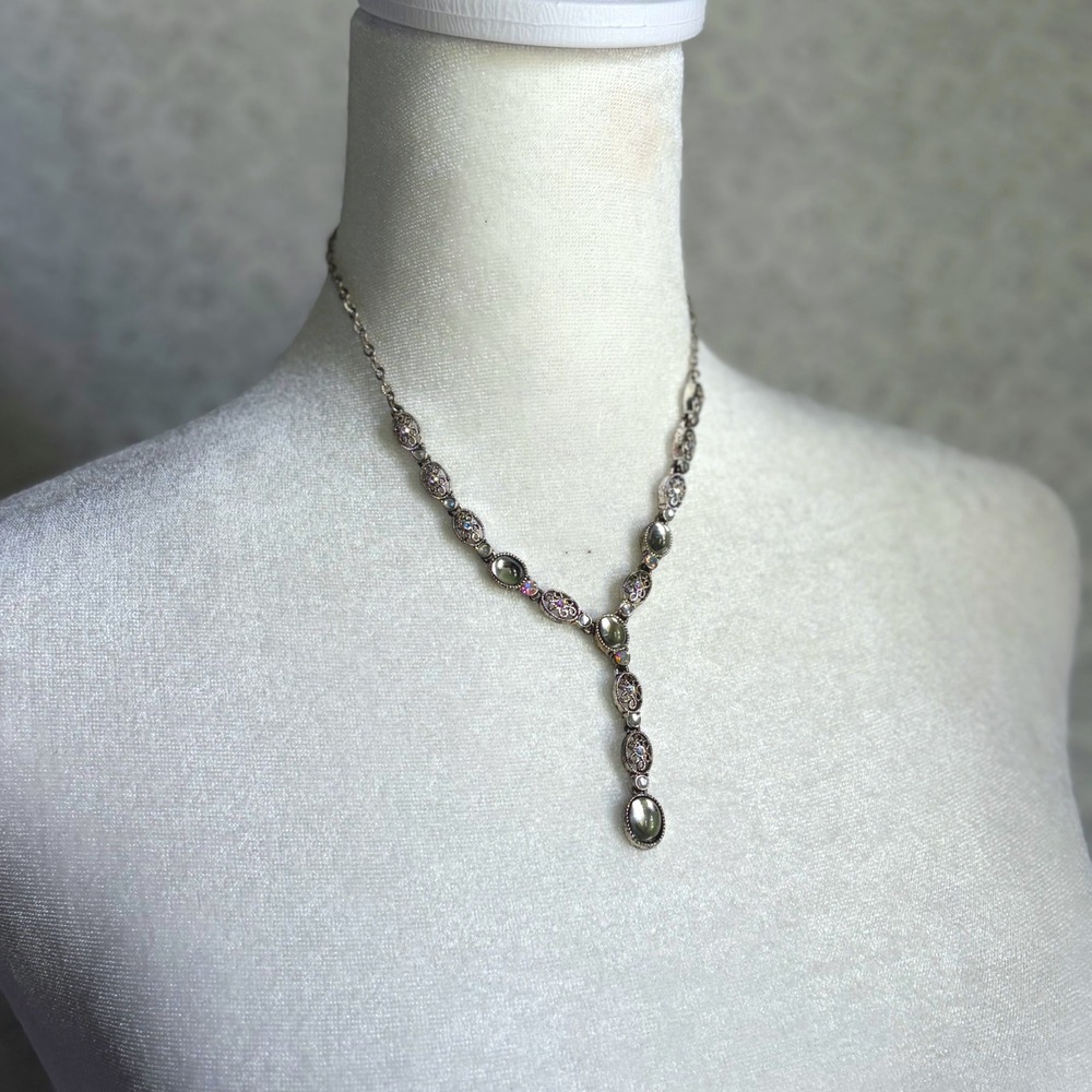 Avon Vintage 90s Silver Plated Y-Drop Necklace Rhinestone